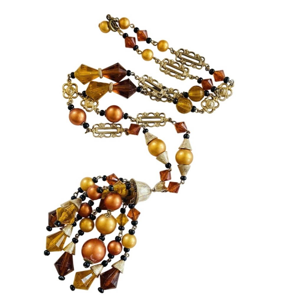 VTG Lucite beaded collar Necklace‎ Gold Tone Tassel Pearl Retro Statement 60s